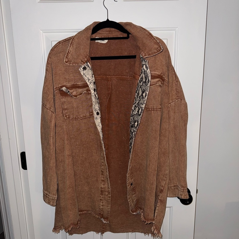 Relaxed Brown Distressed Denim Jacket with Snake-Print Lining NWOT